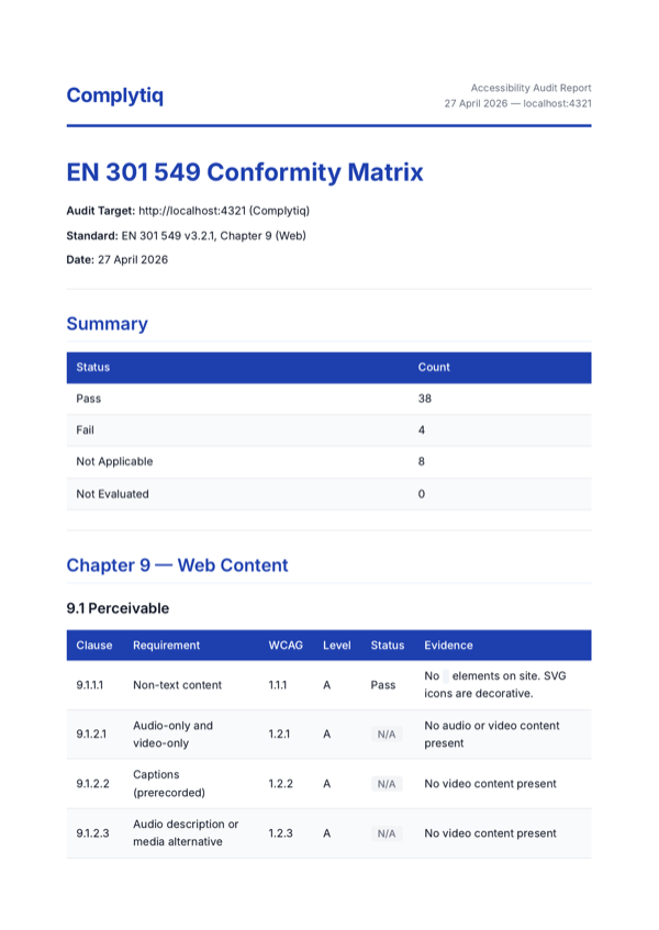 EN 301 549 Conformity Matrix — preview